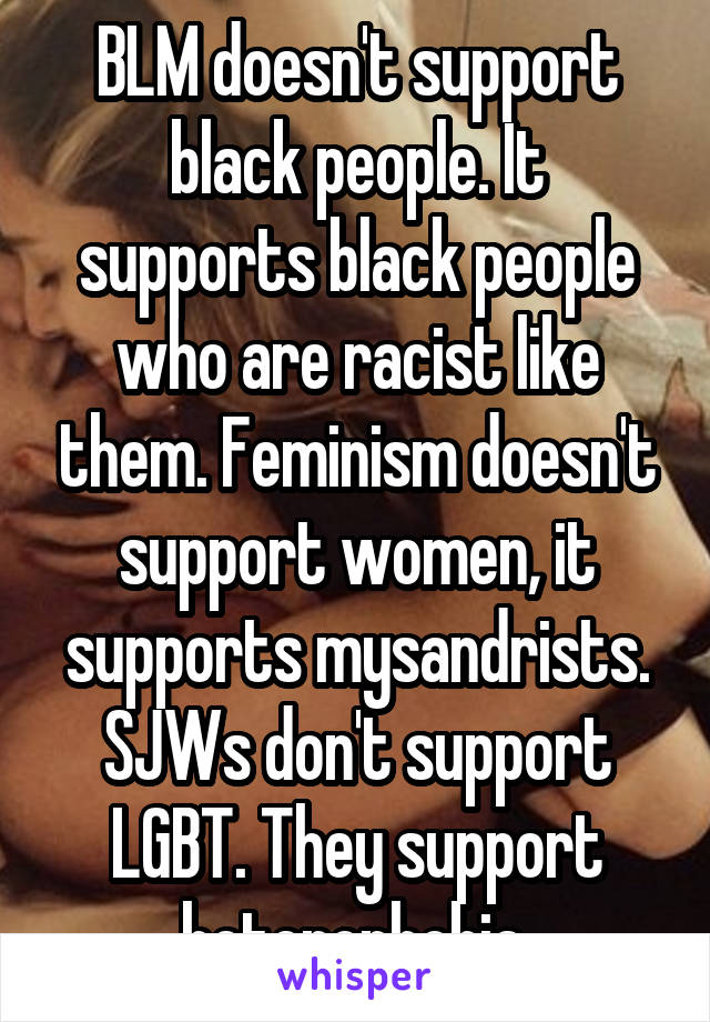 BLM doesn't support black people. It supports black people who are racist like them. Feminism doesn't support women, it supports mysandrists.
SJWs don't support LGBT. They support heterophobia.