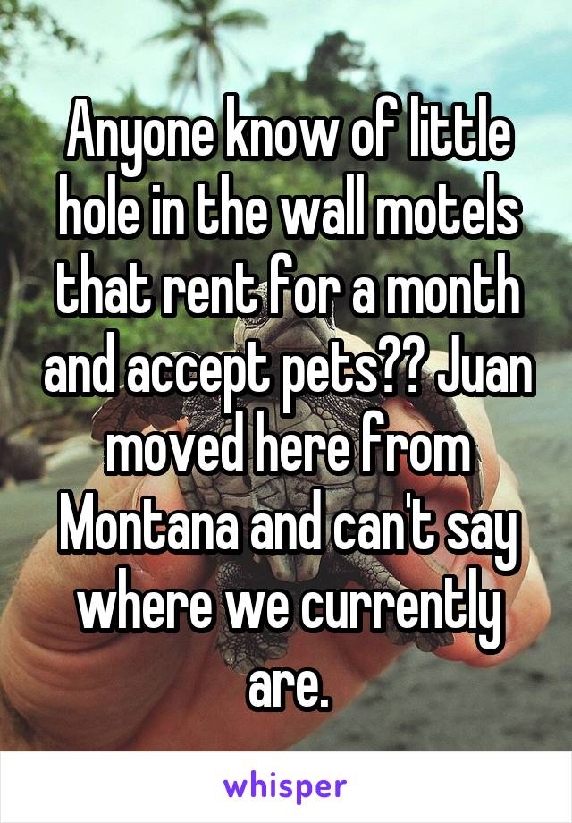 Anyone know of little hole in the wall motels that rent for a month and accept pets?? Juan moved here from Montana and can't say where we currently are.