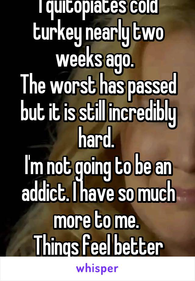 I quitopiates cold turkey nearly two weeks ago.  
The worst has passed but it is still incredibly hard. 
I'm not going to be an addict. I have so much more to me. 
Things feel better coming clean. 