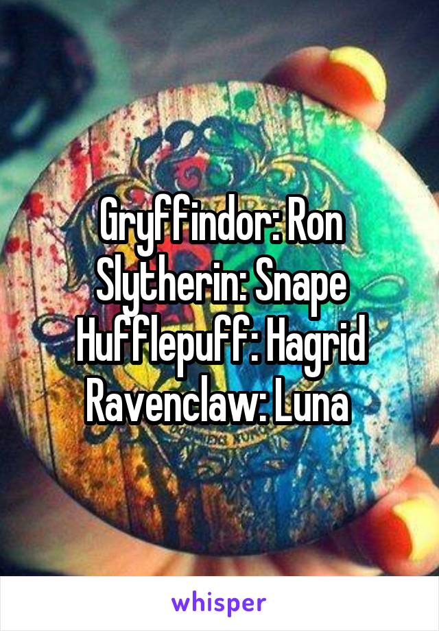 Gryffindor: Ron
Slytherin: Snape
Hufflepuff: Hagrid
Ravenclaw: Luna 