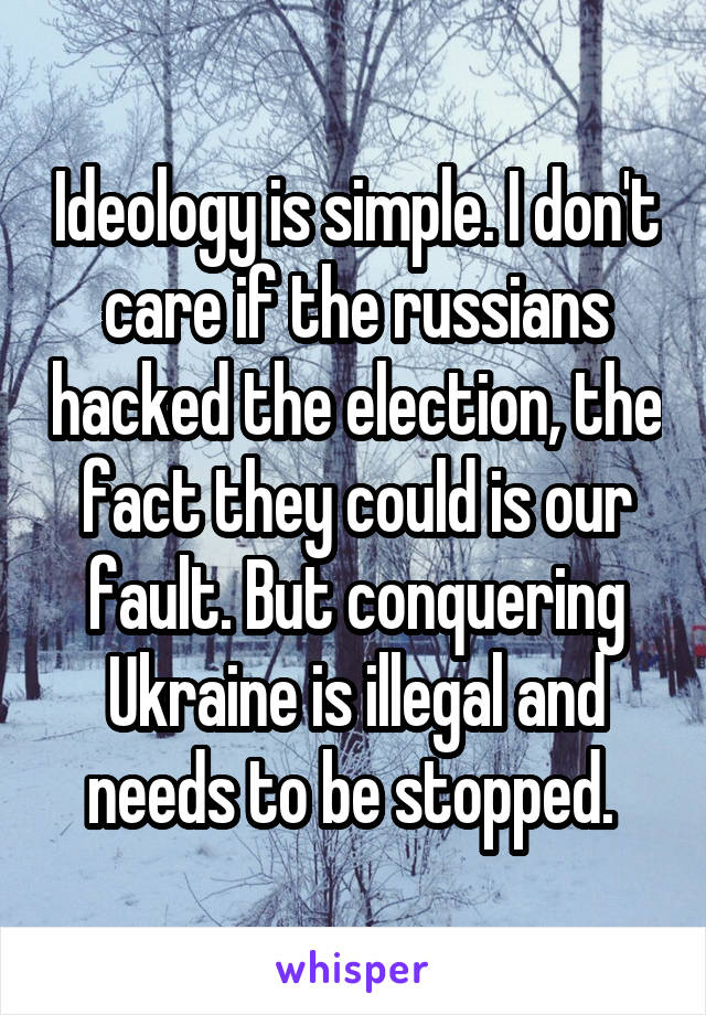 Ideology is simple. I don't care if the russians hacked the election, the fact they could is our fault. But conquering Ukraine is illegal and needs to be stopped. 