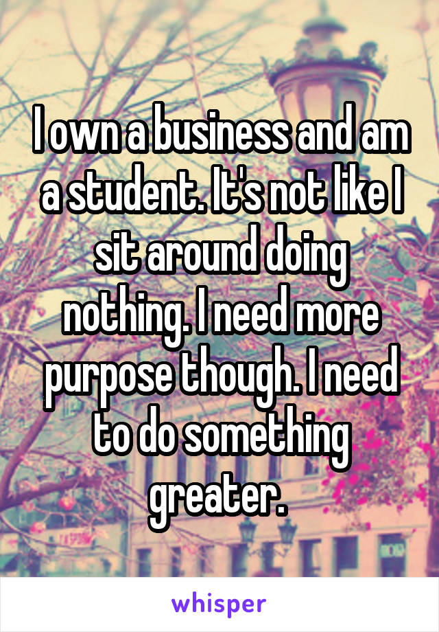 I own a business and am a student. It's not like I sit around doing nothing. I need more purpose though. I need to do something greater. 