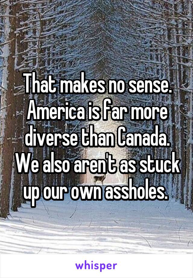 That makes no sense. America is far more diverse than Canada. We also aren't as stuck up our own assholes. 