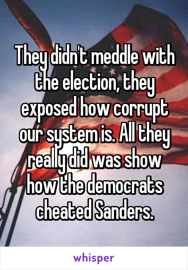 They didn't meddle with the election, they exposed how corrupt our system is. All they really did was show how the democrats cheated Sanders.