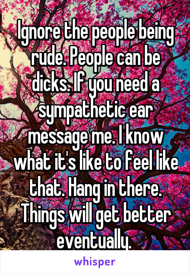 Ignore the people being rude. People can be dicks. If you need a sympathetic ear message me. I know what it's like to feel like that. Hang in there. Things will get better eventually. 