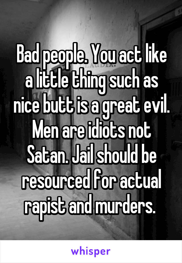 Bad people. You act like a little thing such as nice butt is a great evil. Men are idiots not Satan. Jail should be resourced for actual rapist and murders. 