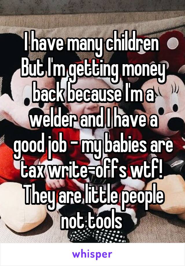 I have many children 
But I'm getting money back because I'm a welder and I have a good job - my babies are tax write-offs wtf! 
They are little people not tools 