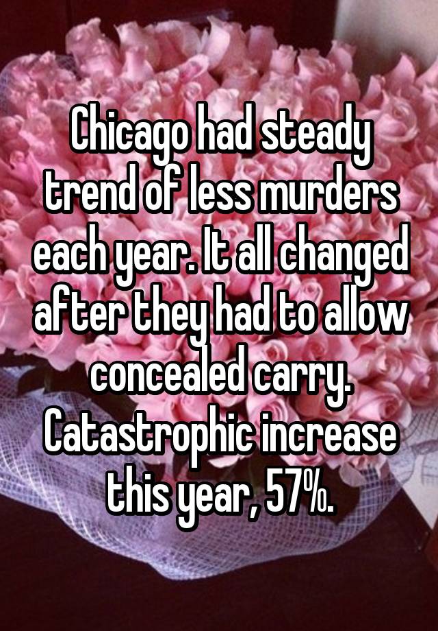 Chicago had steady trend of less murders each year. It all changed after they had to allow concealed carry. Catastrophic increase this year, 57%.