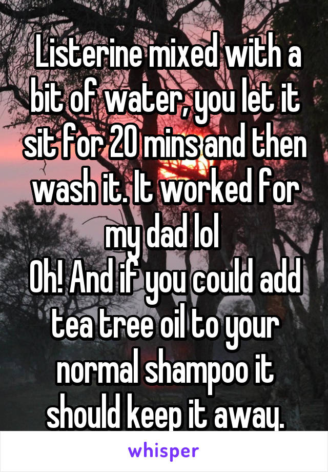  Listerine mixed with a bit of water, you let it sit for 20 mins and then wash it. It worked for my dad lol 
Oh! And if you could add tea tree oil to your normal shampoo it should keep it away.