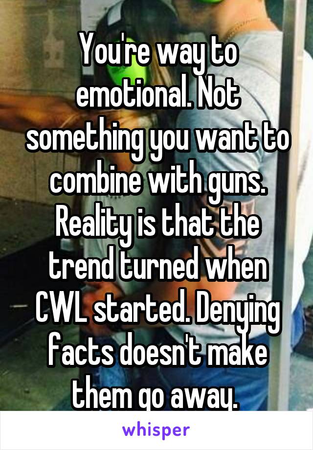 You're way to emotional. Not something you want to combine with guns.
Reality is that the trend turned when CWL started. Denying facts doesn't make them go away. 