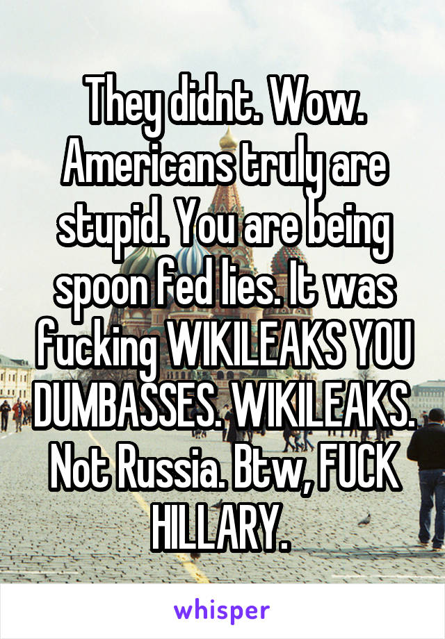 They didnt. Wow. Americans truly are stupid. You are being spoon fed lies. It was fucking WIKILEAKS YOU DUMBASSES. WIKILEAKS. Not Russia. Btw, FUCK HILLARY. 