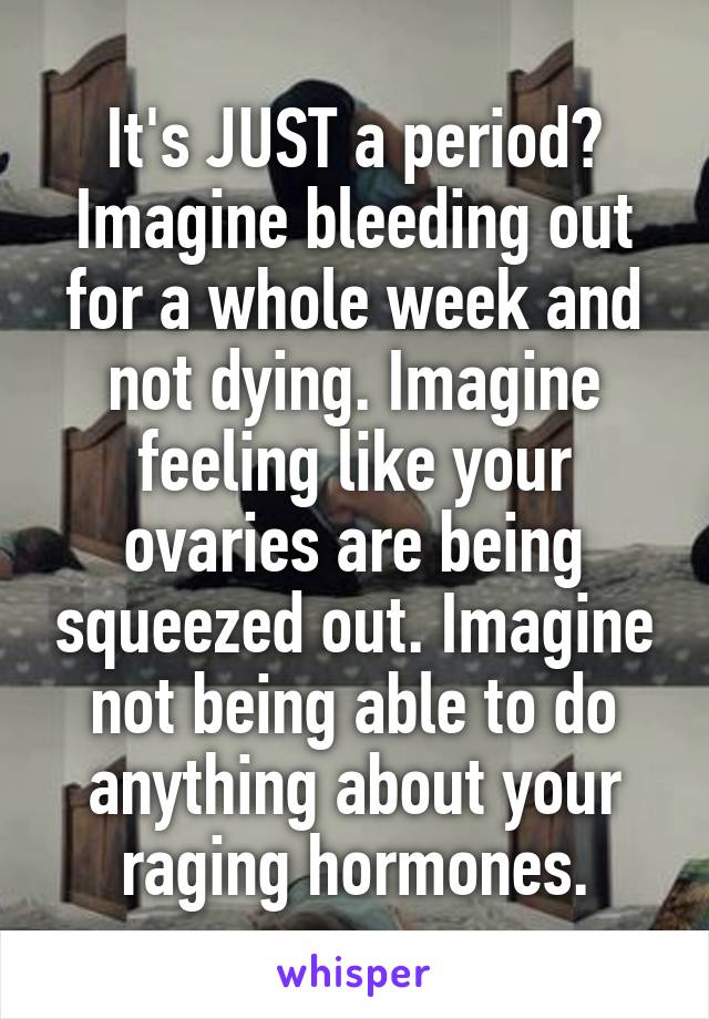 It's JUST a period?
Imagine bleeding out for a whole week and not dying. Imagine feeling like your ovaries are being squeezed out. Imagine not being able to do anything about your raging hormones.