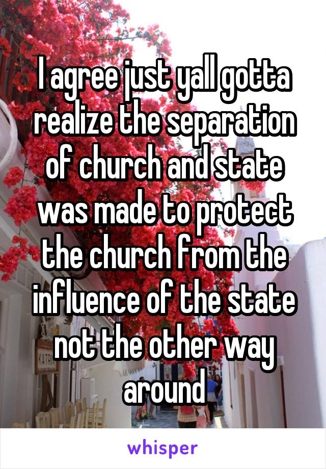 I agree just yall gotta realize the separation of church and state was made to protect the church from the influence of the state not the other way around