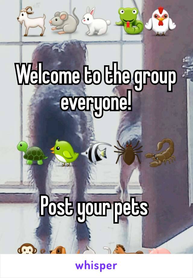 🐐🐀🐇🐍🐓

Welcome to the group everyone!

🐢🐦🐠🕷🦂

Post your pets 

🐒🐕🐈🐎🐖