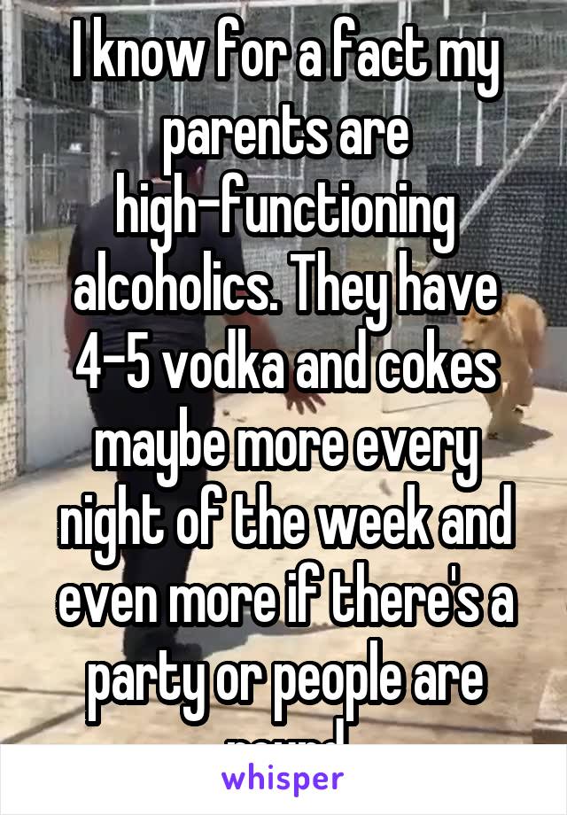 I know for a fact my parents are high-functioning alcoholics. They have 4-5 vodka and cokes maybe more every night of the week and even more if there's a party or people are round