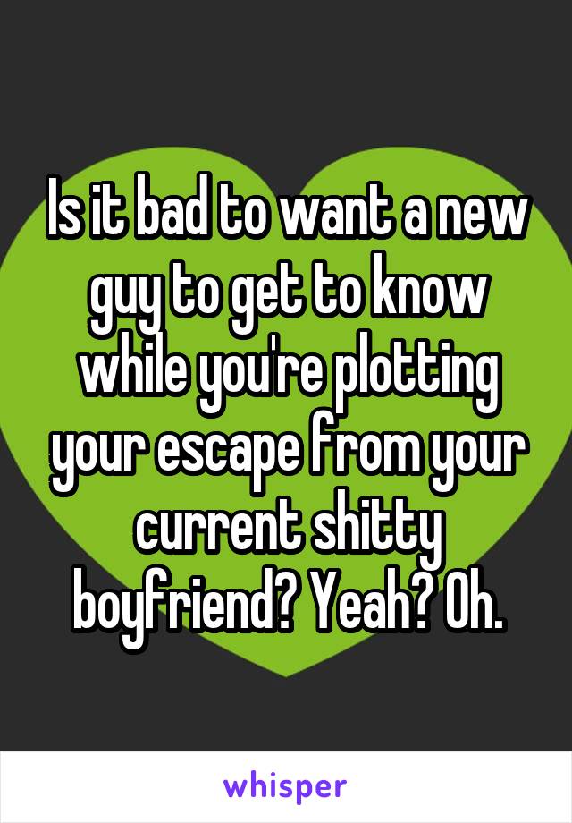 Is it bad to want a new guy to get to know while you're plotting your escape from your current shitty boyfriend? Yeah? Oh.