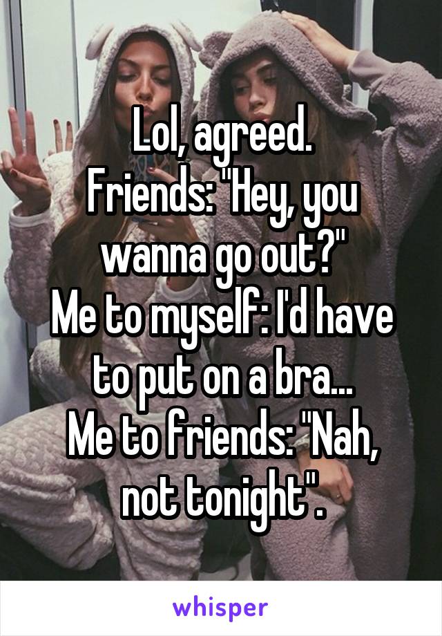 Lol, agreed.
Friends: "Hey, you wanna go out?"
Me to myself: I'd have to put on a bra...
Me to friends: "Nah, not tonight".