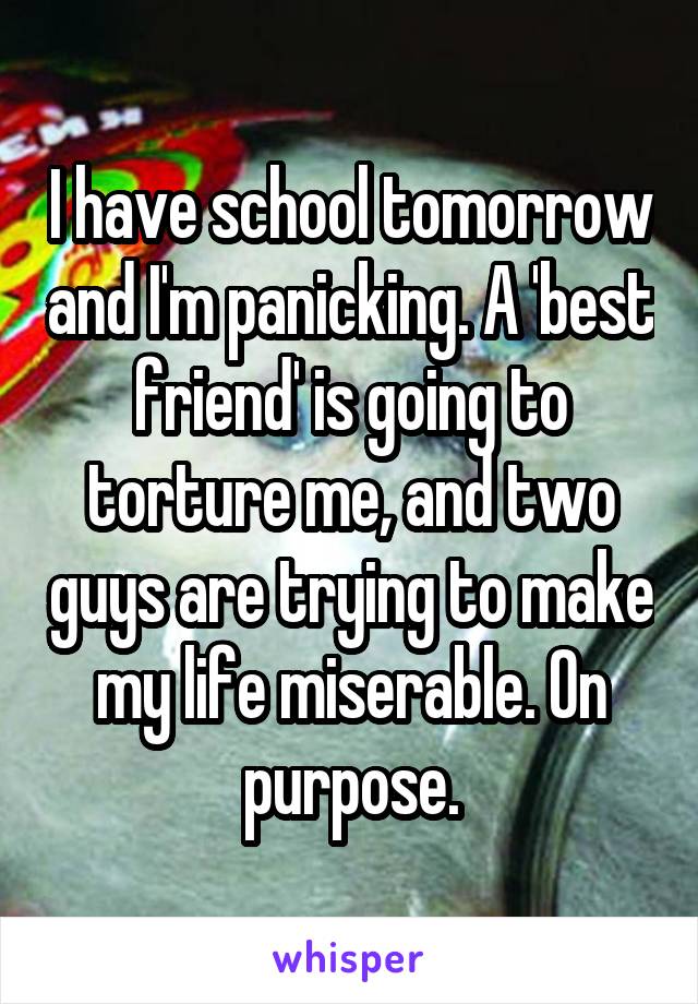 I have school tomorrow and I'm panicking. A 'best friend' is going to torture me, and two guys are trying to make my life miserable. On purpose.