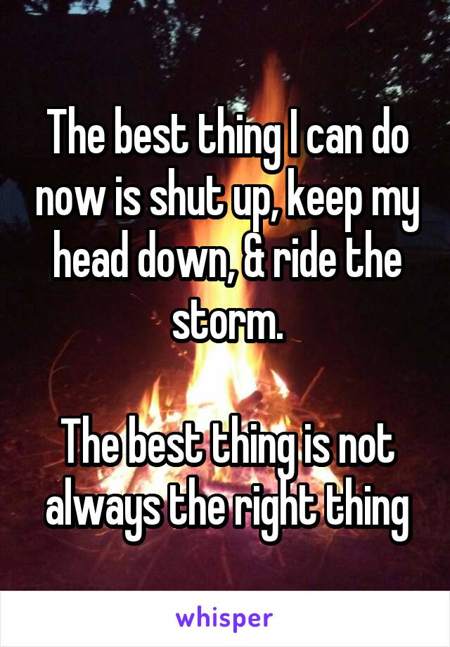 The best thing I can do now is shut up, keep my head down, & ride the storm.

The best thing is not always the right thing