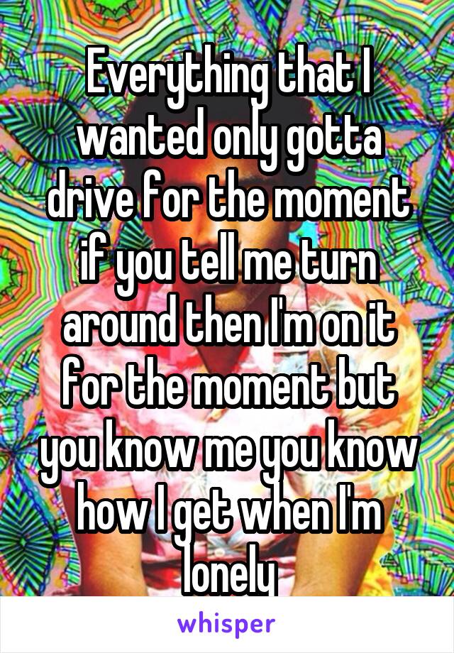 Everything that I wanted only gotta drive for the moment if you tell me turn around then I'm on it for the moment but you know me you know how I get when I'm lonely