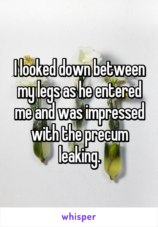 I looked down between my legs as he entered me and was impressed with the precum leaking.