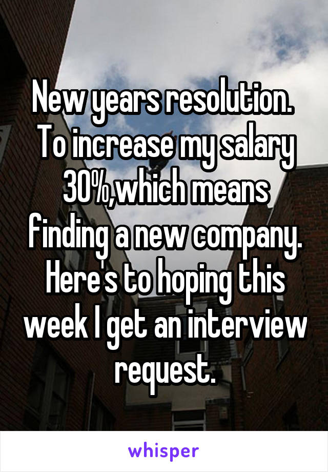 New years resolution.  To increase my salary 30%,which means finding a new company. Here's to hoping this week I get an interview request.