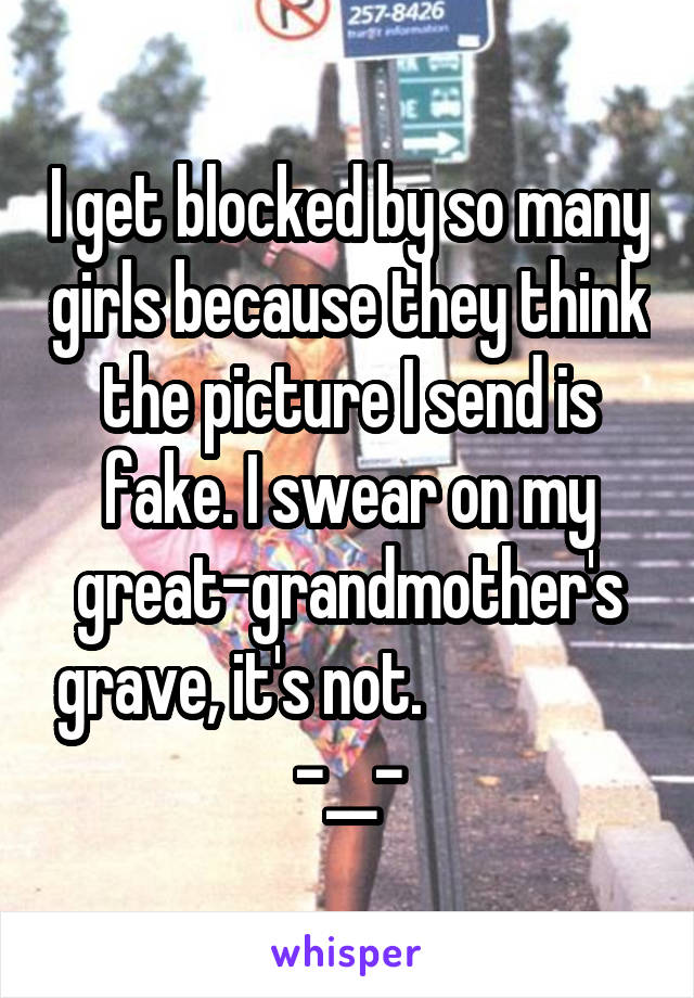 I get blocked by so many girls because they think the picture I send is fake. I swear on my great-grandmother's grave, it's not.                  -__-