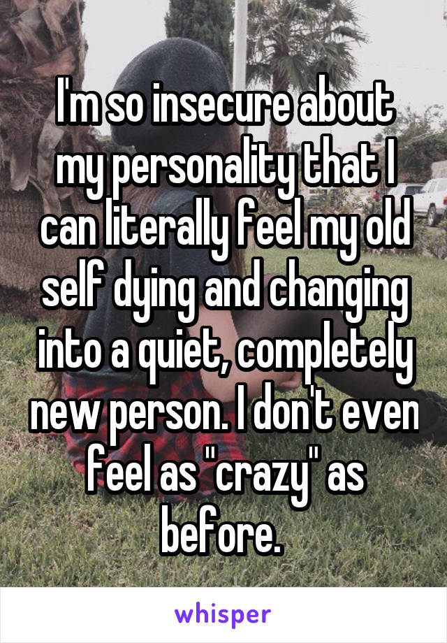 I'm so insecure about my personality that I can literally feel my old self dying and changing into a quiet, completely new person. I don't even feel as "crazy" as before. 