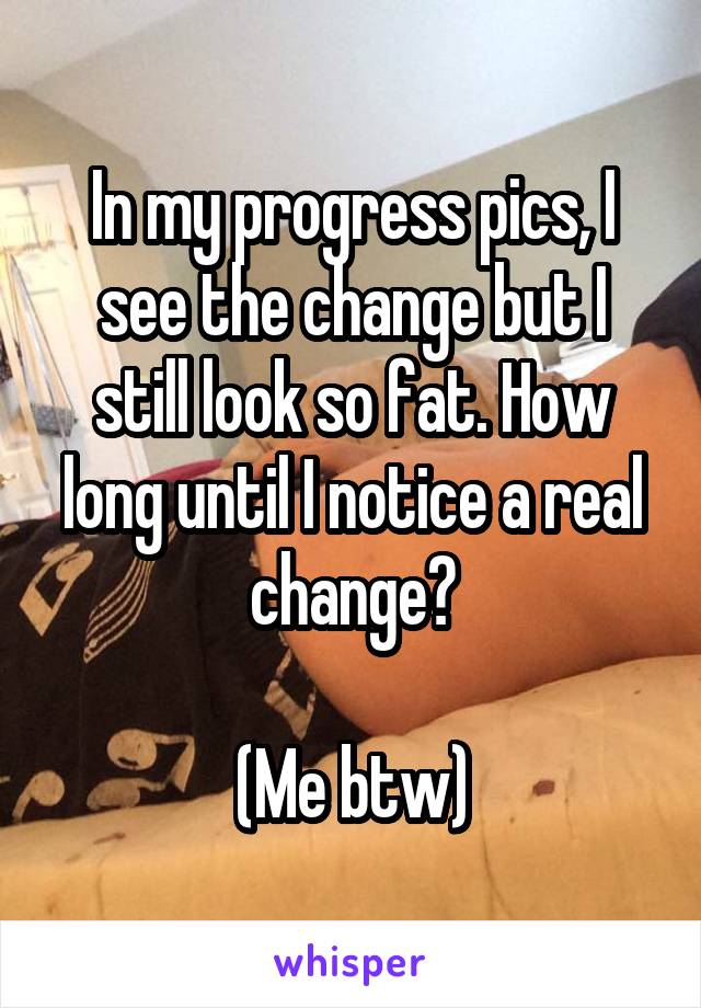 In my progress pics, I see the change but I still look so fat. How long until I notice a real change?

(Me btw)