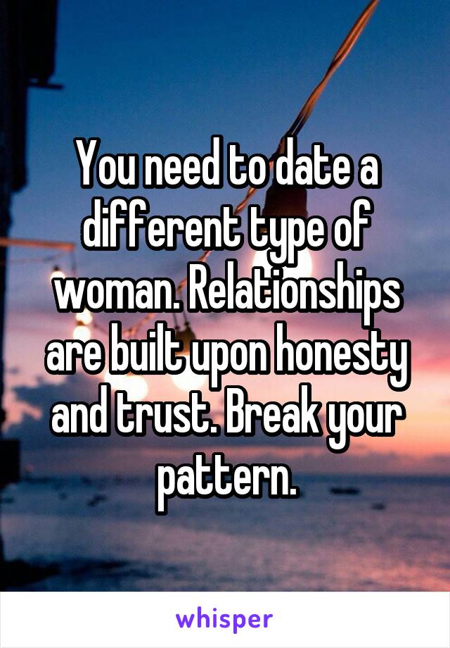 You need to date a different type of woman. Relationships are built upon honesty and trust. Break your pattern.