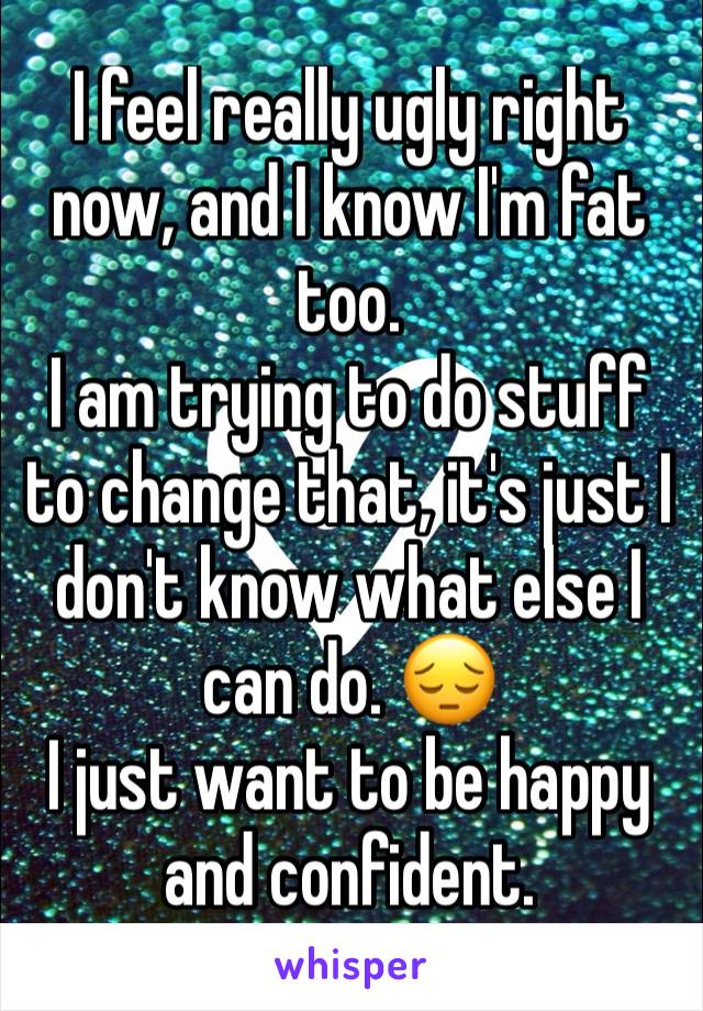 I feel really ugly right now, and I know I'm fat too. 
I am trying to do stuff to change that, it's just I don't know what else I can do. 😔
I just want to be happy and confident. 