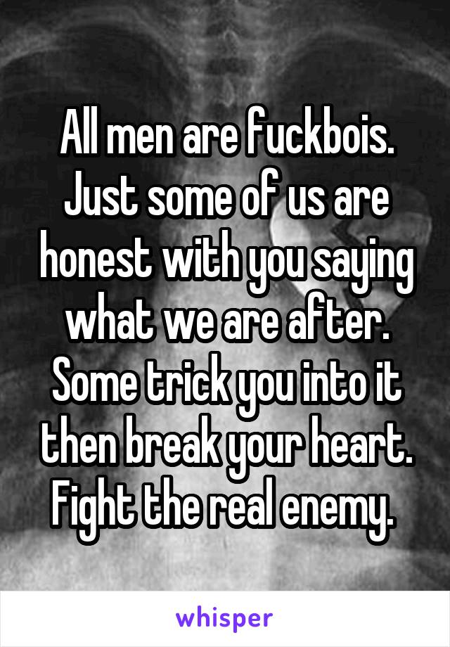 All men are fuckbois. Just some of us are honest with you saying what we are after. Some trick you into it then break your heart. Fight the real enemy. 