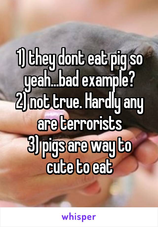 1) they dont eat pig so yeah...bad example?
2) not true. Hardly any are terrorists
3) pigs are way to cute to eat