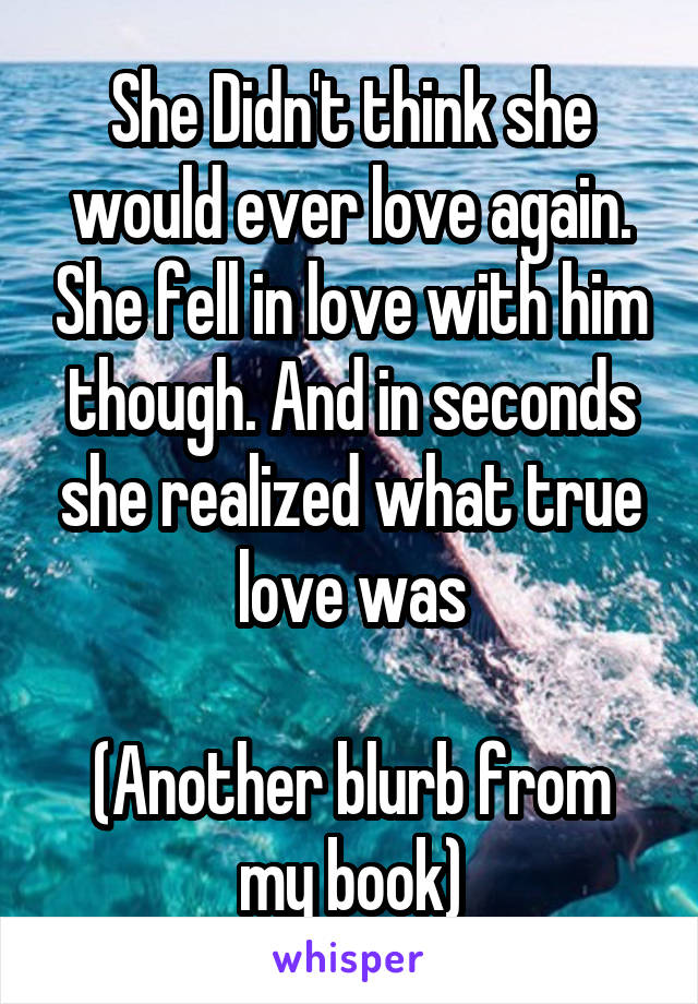 She Didn't think she would ever love again. She fell in love with him though. And in seconds she realized what true love was

(Another blurb from my book)