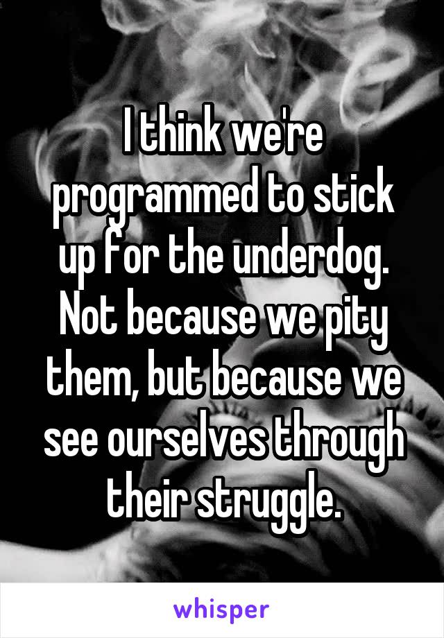 I think we're programmed to stick up for the underdog. Not because we pity them, but because we see ourselves through their struggle.