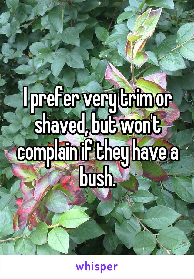 I prefer very trim or shaved, but won't complain if they have a bush.