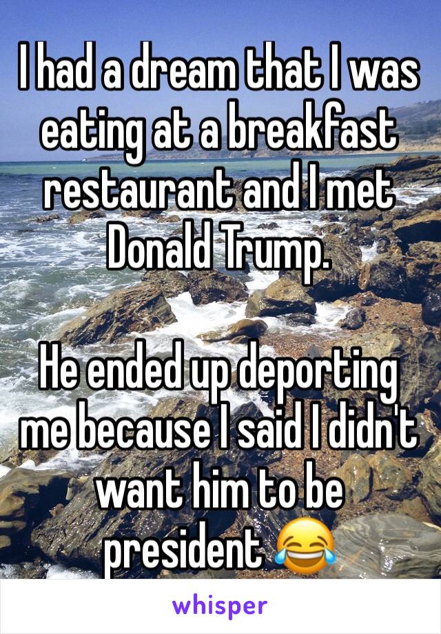 I had a dream that I was eating at a breakfast restaurant and I met Donald Trump.

He ended up deporting me because I said I didn't want him to be president 😂