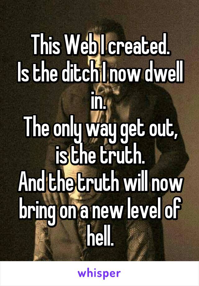 This Web I created.
Is the ditch I now dwell in. 
The only way get out, is the truth.
And the truth will now bring on a new level of hell.