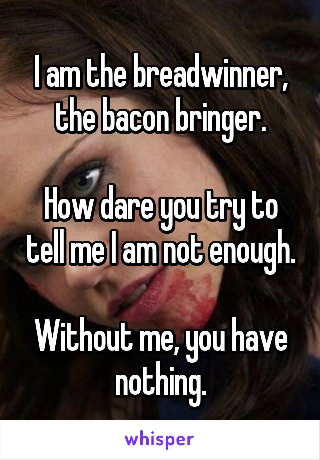 I am the breadwinner, the bacon bringer.

How dare you try to tell me I am not enough.

Without me, you have nothing.