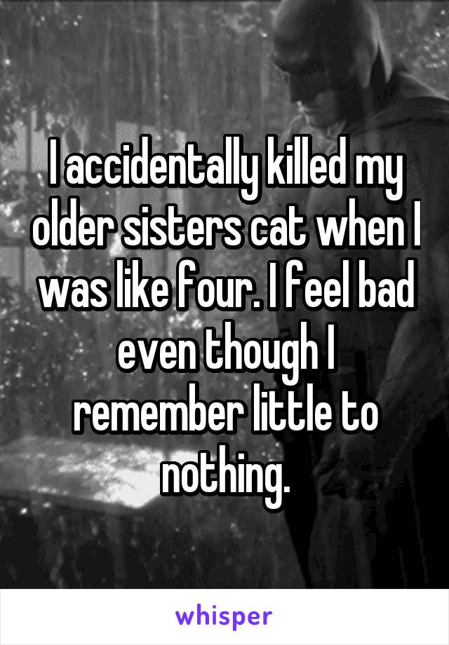 I accidentally killed my older sisters cat when I was like four. I feel bad even though I remember little to nothing.