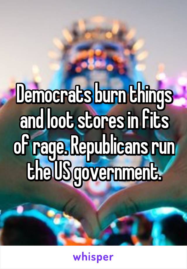 Democrats burn things and loot stores in fits of rage. Republicans run the US government.