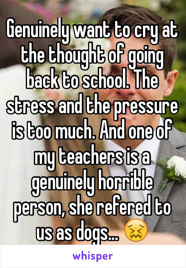 Genuinely want to cry at the thought of going back to school. The stress and the pressure is too much. And one of my teachers is a genuinely horrible person, she refered to us as dogs... 😖