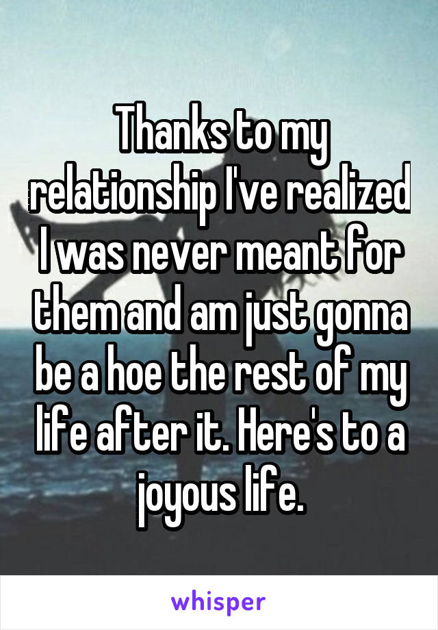 Thanks to my relationship I've realized I was never meant for them and am just gonna be a hoe the rest of my life after it. Here's to a joyous life.