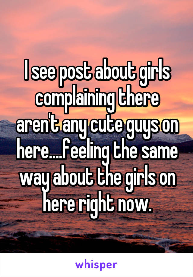 I see post about girls complaining there aren't any cute guys on here....feeling the same way about the girls on here right now.