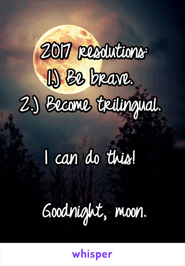 2017 resolutions:
1.) Be brave. 
2.) Become trilingual. 

I can do this! 

Goodnight, moon.