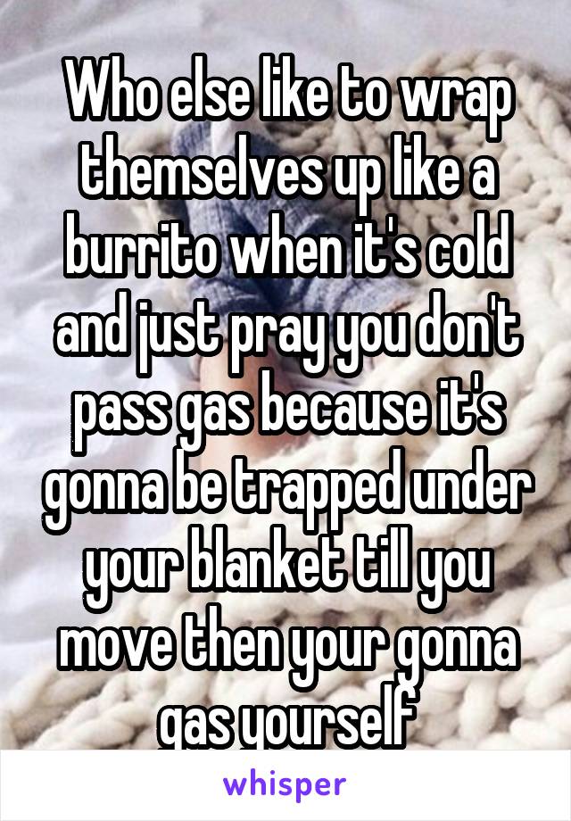 Who else like to wrap themselves up like a burrito when it's cold and just pray you don't pass gas because it's gonna be trapped under your blanket till you move then your gonna gas yourself