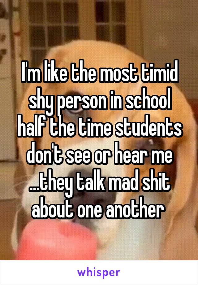 I'm like the most timid shy person in school half the time students don't see or hear me ...they talk mad shit about one another 