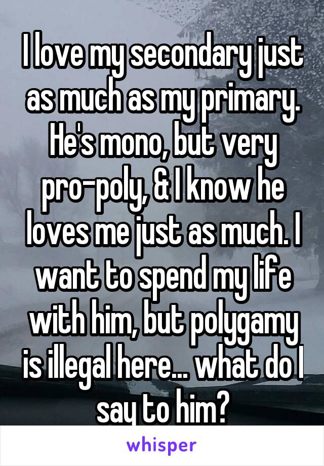 I love my secondary just as much as my primary. He's mono, but very pro-poly, & I know he loves me just as much. I want to spend my life with him, but polygamy is illegal here... what do I say to him?