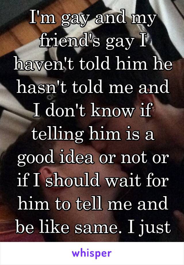 I'm gay and my friend's gay I haven't told him he hasn't told me and I don't know if telling him is a good idea or not or if I should wait for him to tell me and be like same. I just don't want weird