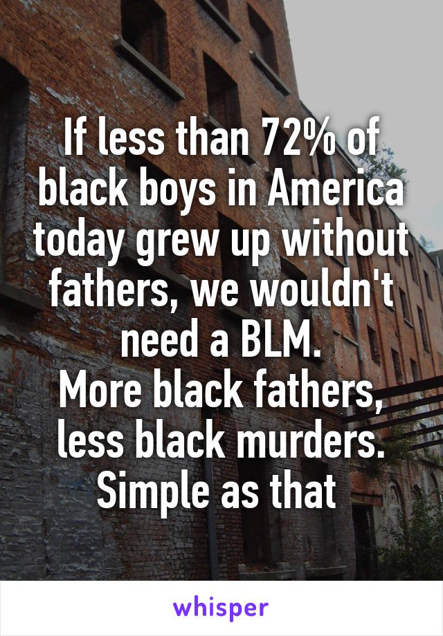 If less than 72% of black boys in America today grew up without fathers, we wouldn't need a BLM.
More black fathers, less black murders.
Simple as that 